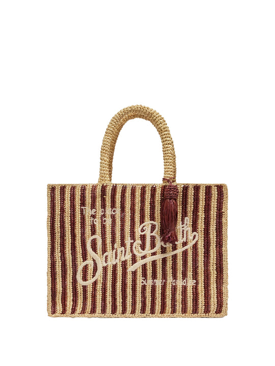 Colette Raffia Brown Striped Handbag With Logo Embroidery
