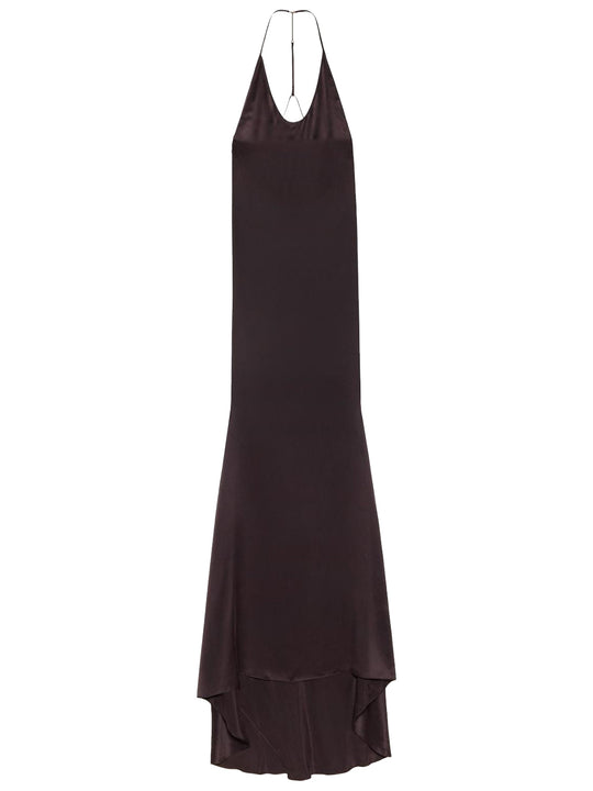 Peach-Feel Silk Satin Halterneck Evening Dress