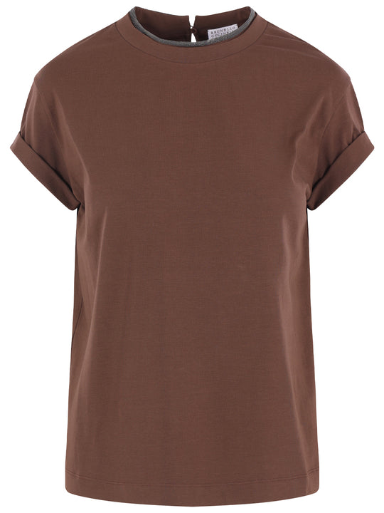 Stretch Cotton Jersey T-Shirt With Precious Faux Layering