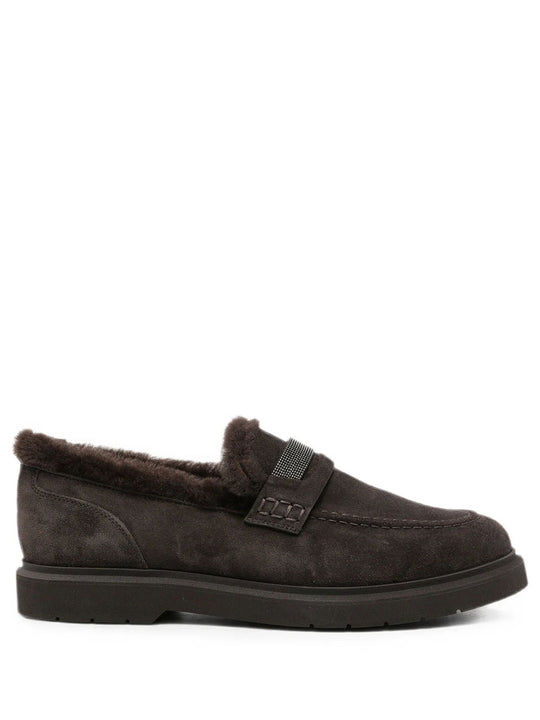 Suede Penny Loafers With Shearling Lining And Precious Insert
