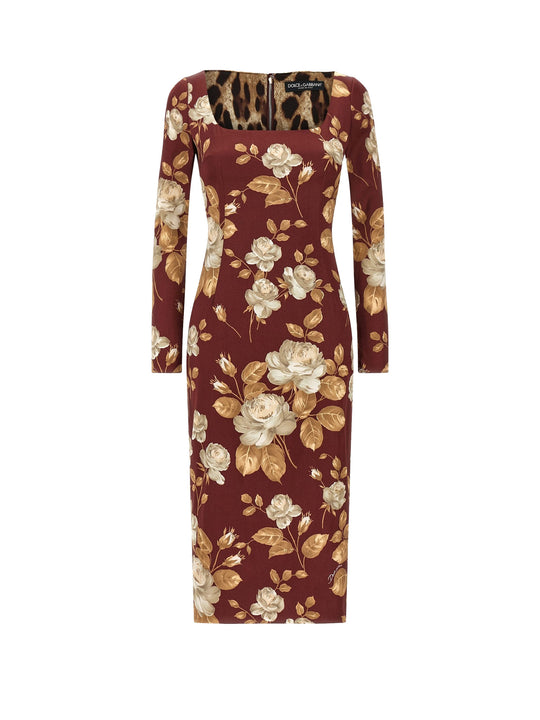 Vintage Rose Print Satin Midi Pencil Dress