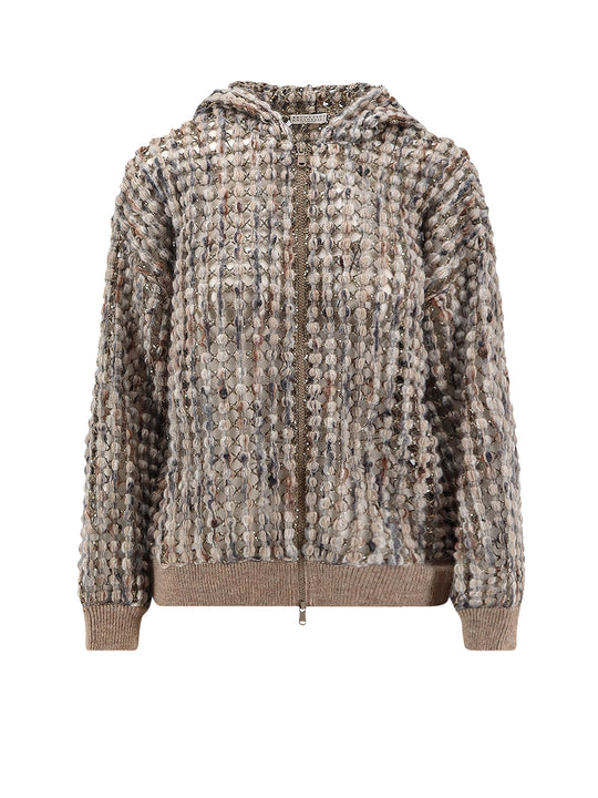 Perforated Wool Blend Cardigan With Sequins