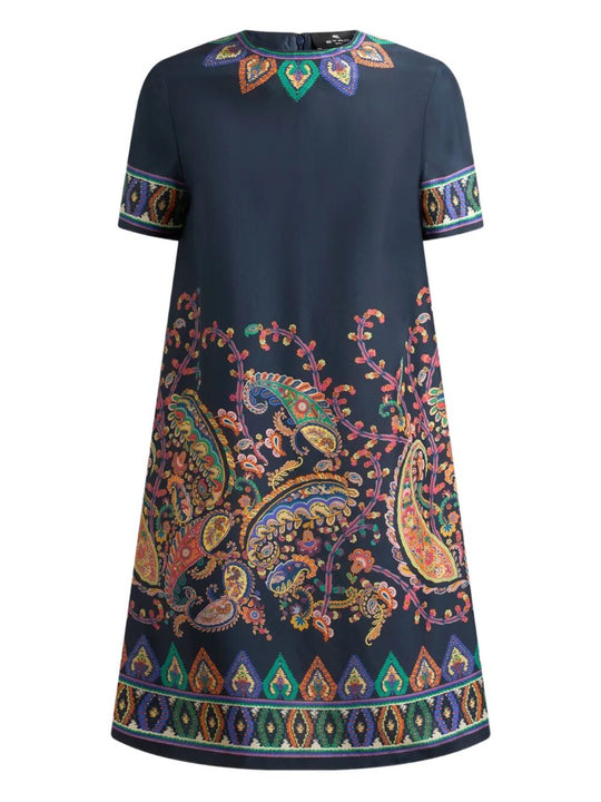 Silk Mini Tunic Dress With Placed Floral Paisley Print