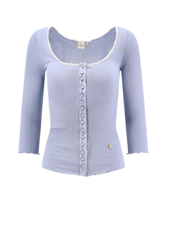 Ribbed Cotton Shirt With Lace Insert