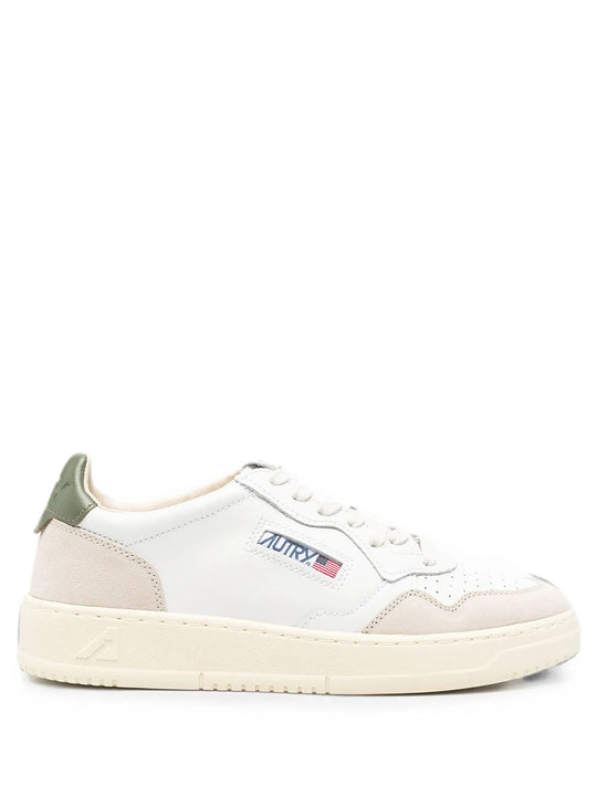 Medalist Low Sneakers In White Leather And Bronze Green Suede