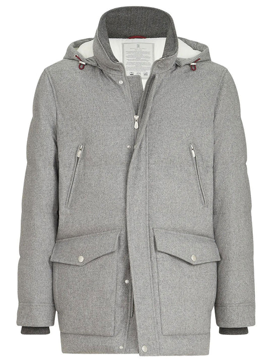Bonded Wool Flannel Down Parka With Detachable Hood
