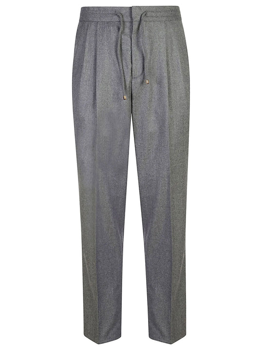 Wool Flannel Leisure Fit Trousers With Drawstring And Double Pleats