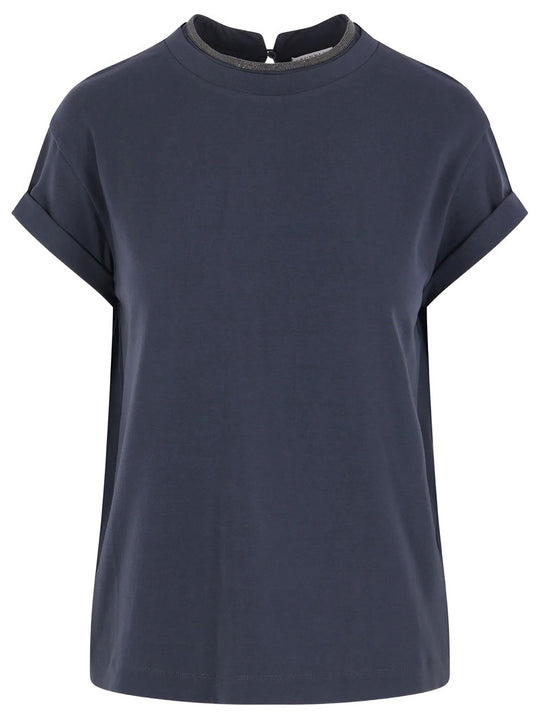 Stretch Cotton Jersey T-Shirt With Precious Faux Layering