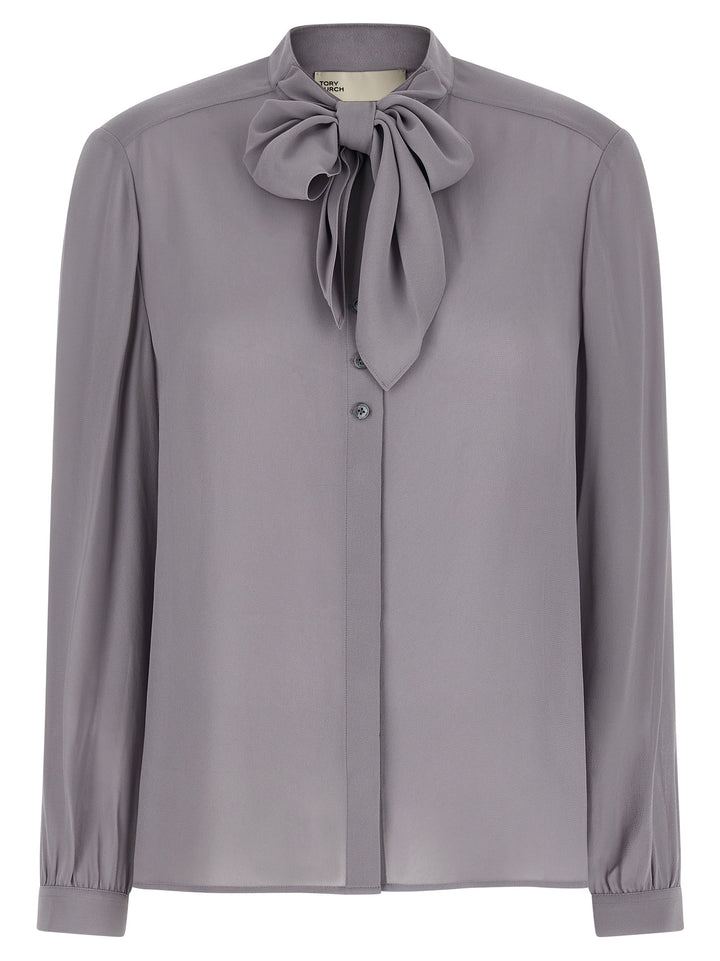 Tory Burch Georgette Bow Shirt and Blouse - Gray | e87b5ae0672edfb10736b0d4e0b1dcc8c3c1088a