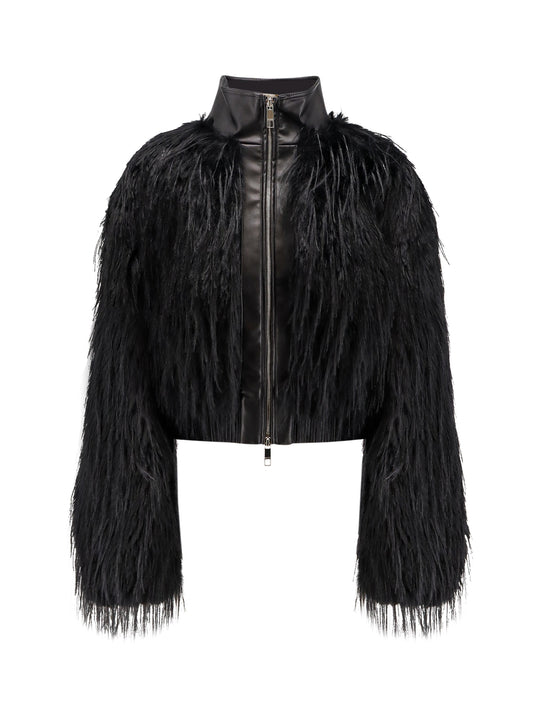 Cecool Faux Leather Jacket With Feathers