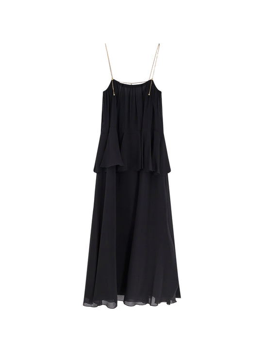 Flounced Silk Long Dress