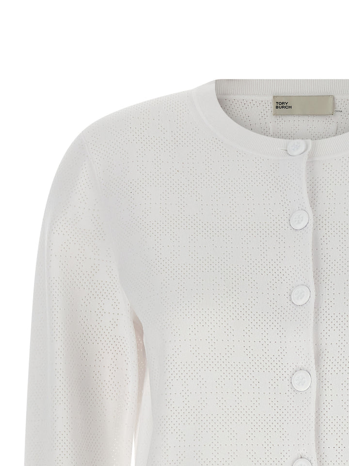 Tory Burch Pointelle Viscose Cardigan Sweaters and Cardigans - White | 97de85e1b39588bd822ee92c64734b19dec0d3ed