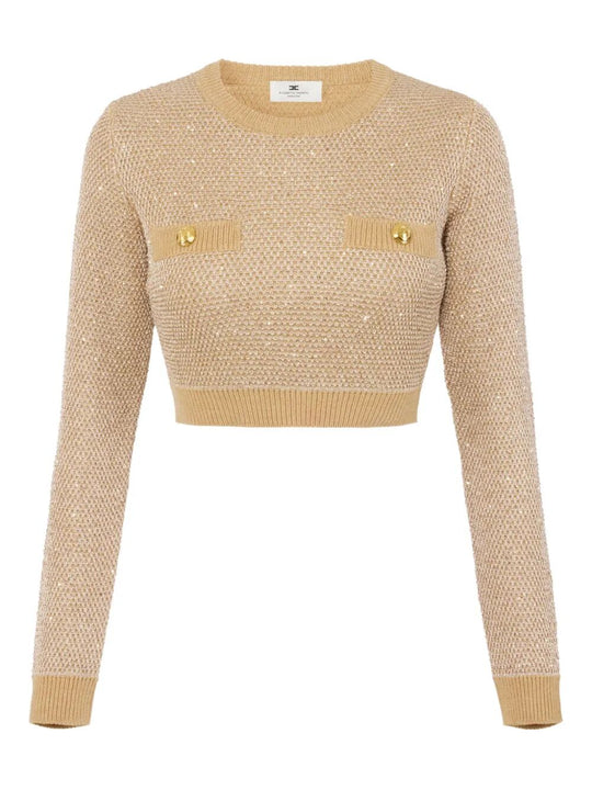 Knitted Long-Sleeved Cropped Top With Sequins