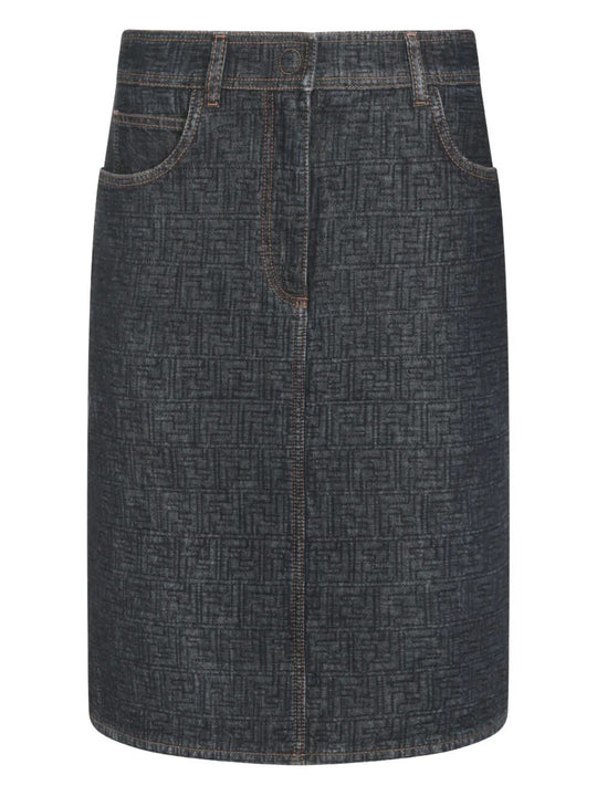 Flared Midi Denim Skirt With All-Over Quilted Ff Motif