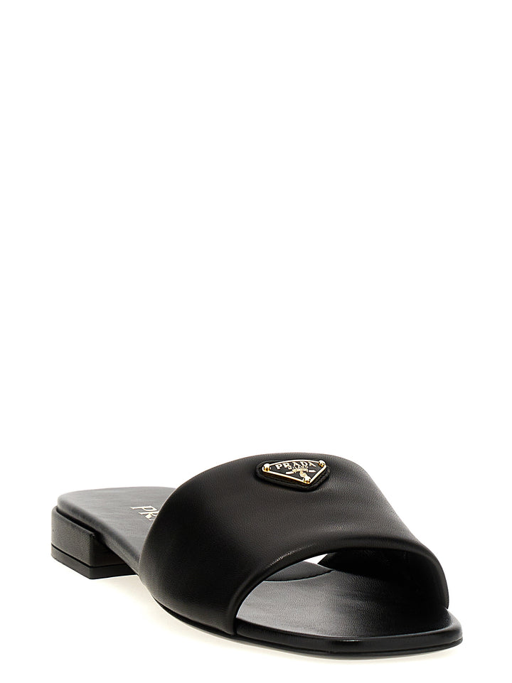 Prada Logo Leather Sandals - Black | f9b7c8660ff6c4692fb557046cd37f3b69cf40db