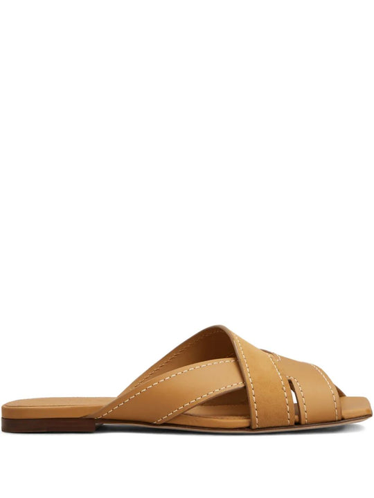 Flat Leather Sandals With Crossed Straps