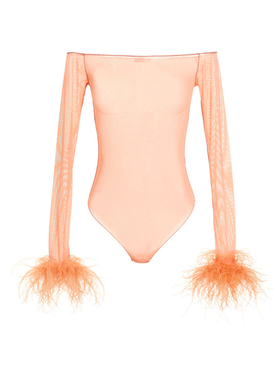 Feather Transparent Mesh Bodysuit Tops Pink