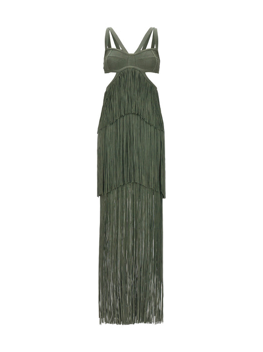 Strappy Tiered Fringe Dresses Green