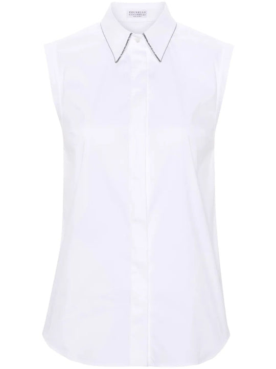 Stretch Cotton Poplin Sleeveless Shirt With Shiny Trim