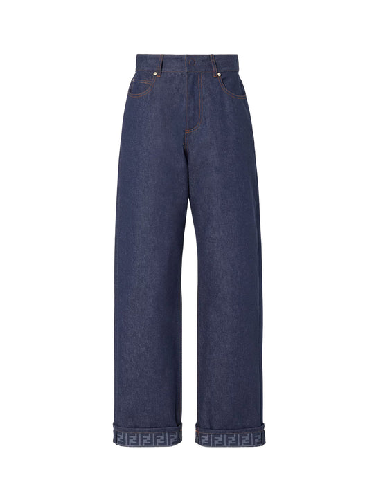 Blue Denim Jeans With Ff Detail On The Bottom