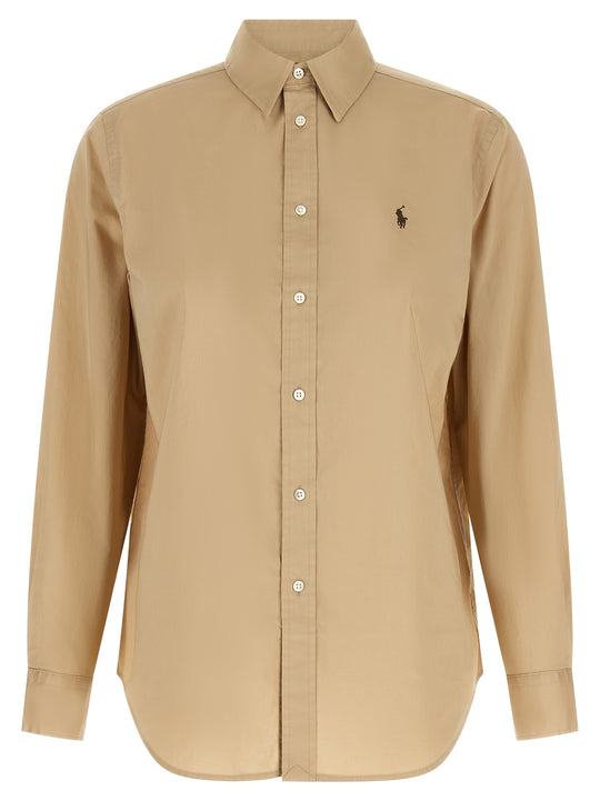 Logo Embroidery Cotton Shirt Shirt And Blouse Beige