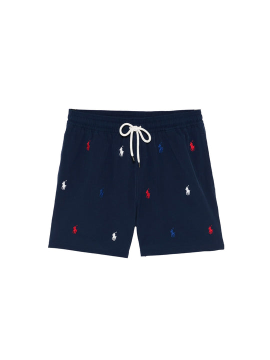 Nylon Swim Trunks With All-Over Embroidered Logo