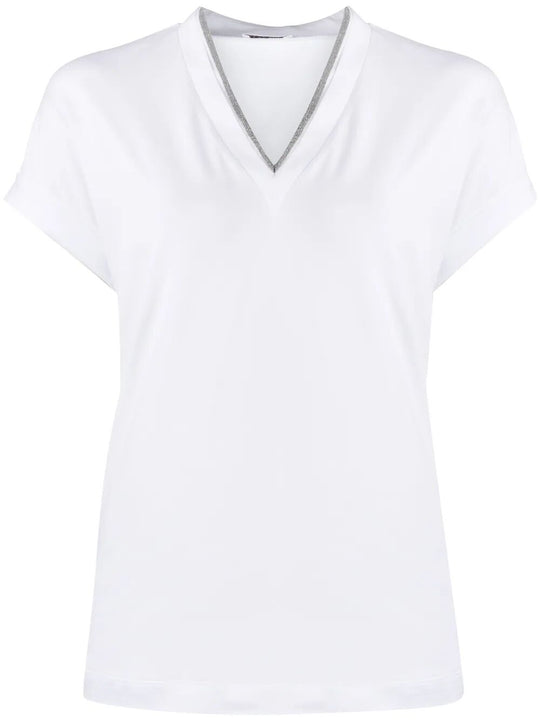 Monili Trim V-Neck Cotton T-Shirt