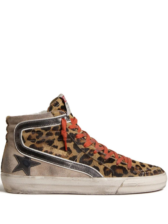 Slide Sneakers In Leopard-Print Pony Skin With Metallic Leather Star And Flash