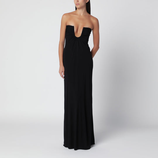 Arced Palm Black Viscose Strapless Dress
