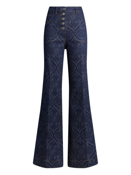 Flared Jacquard Denim Jeans With Pegaso Buttons