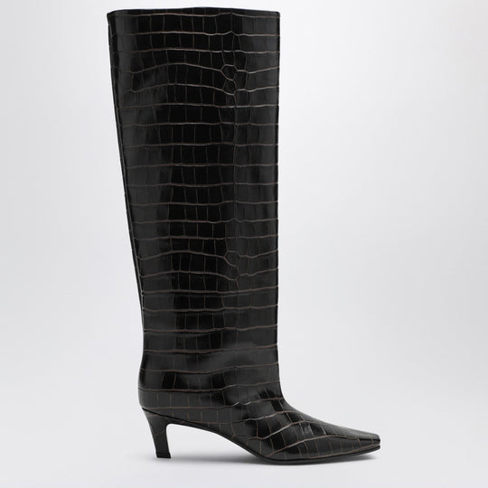 Brown Boots In Crocodile-Print Leather