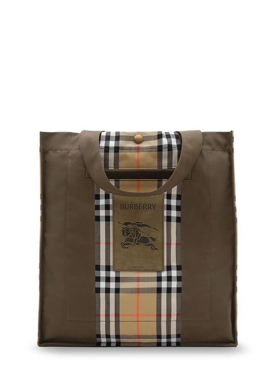 Tote Trench Check Canvas Shoulder Bag With Suede Logo Label On The Front