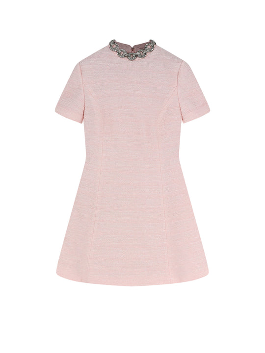 Embroidered Crinkle Cotton Tweed Mini Dress