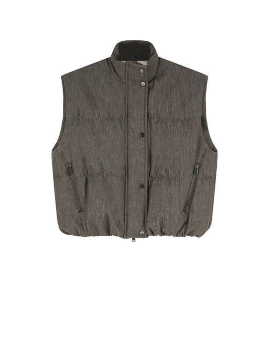Sleeveless Effect Twill-Denim Down Jacket