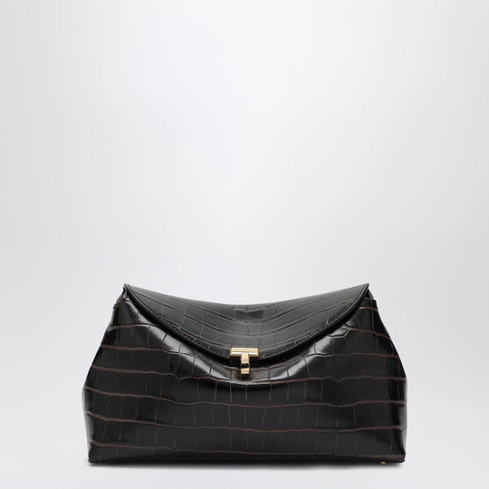 Brown T-Lock Clutch In Crocodile-Embossed Leather