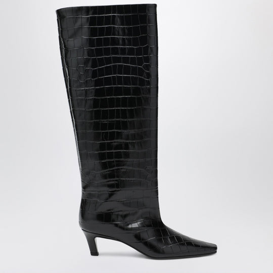 Black Croc-Embossed Leather Boots