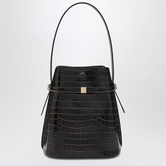 Brown Crocodile-Embossed Leather Bucket Bag
