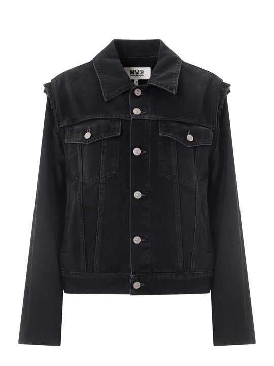 Black Denim Jacket With Fabric Sleeves