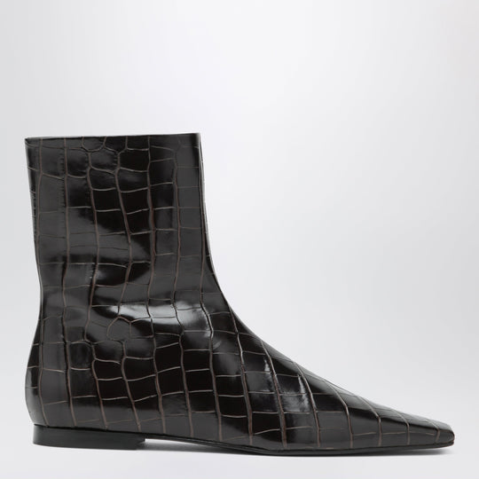 Brown Crocodile-Effect Leather Chelsea Boots With Zip