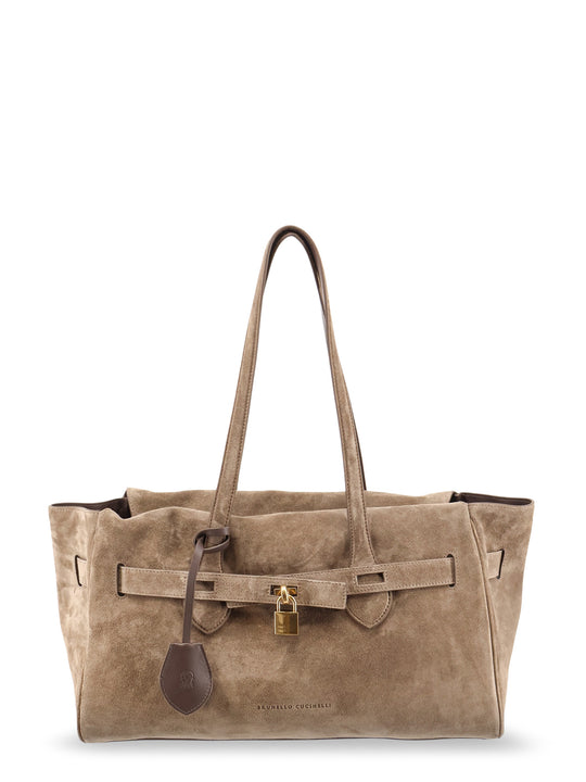 Suede Shoulder Bag With Logo Padlock Detail