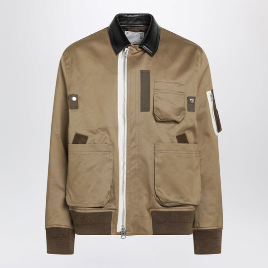 Beige Cotton And Nylon Bomber Jacket