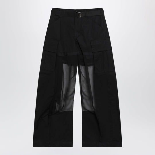 Black Cargo Trousers With Semi-Sheer Insert