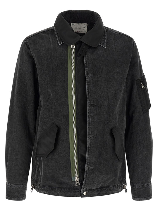Nylon Insert Denim Jacket Puffer Jackets Black