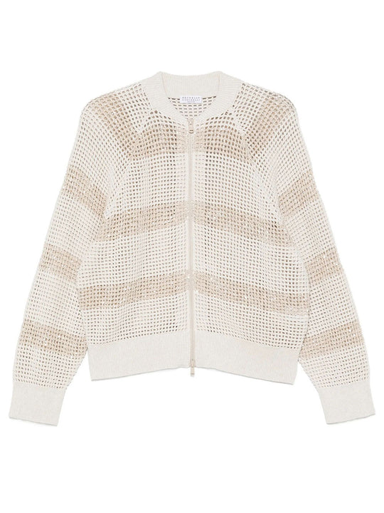 Cotton Net Cardigan With Dazzling Stripes