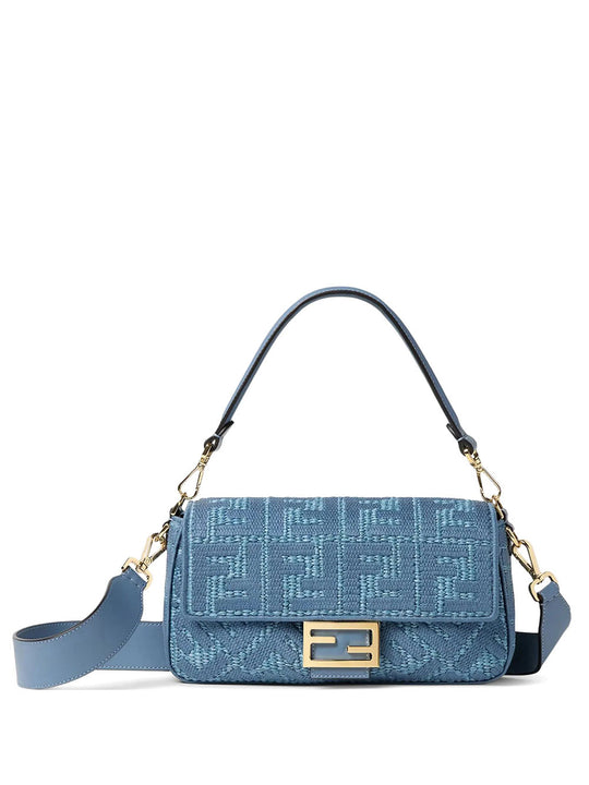 Baguette® Medium Woven Raffia-Effect Bag With Ff Embroidery