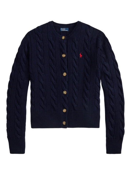 Cable-Knit Wool Blend Crew Neck Cardigan