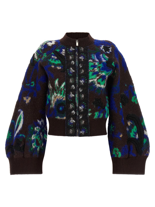Floral Jacquard Blouson Puffer Jackets Brown