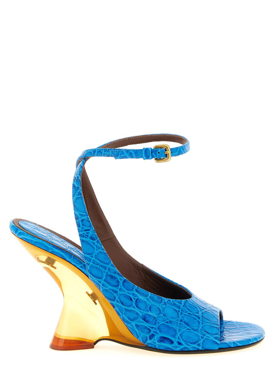 Embossed Leather Sandals Wedges Light Blue