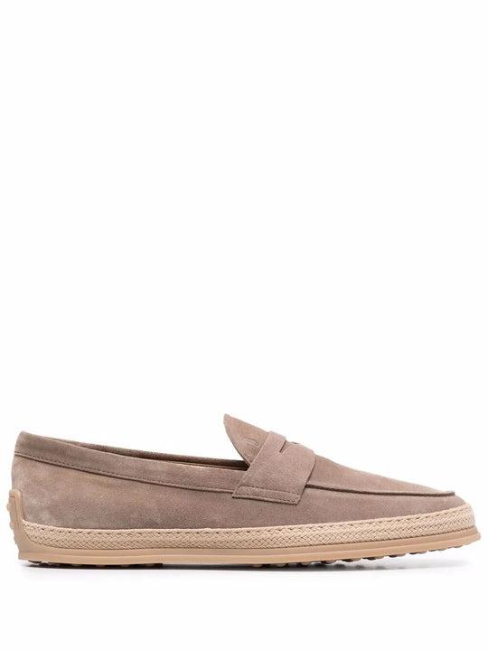 Suede Loafers With Rubber Outsole And Raffia Piping