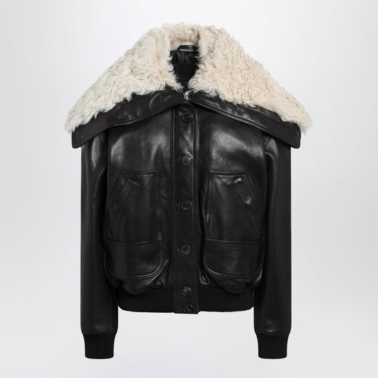 Black Leather Bomber Jacket With Shearling Collar
